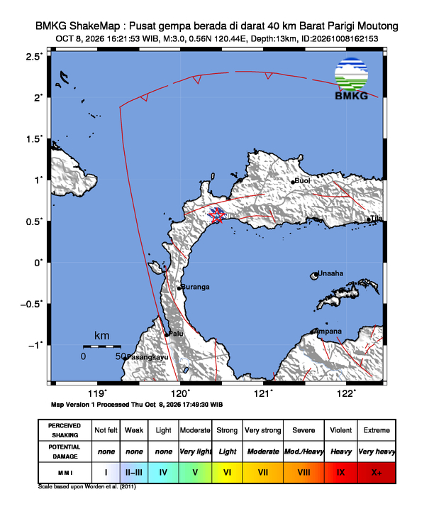 Gempa Magnitudo 3.0, 40km dari Barat Parigi Moutong, Sulawesi Tengah