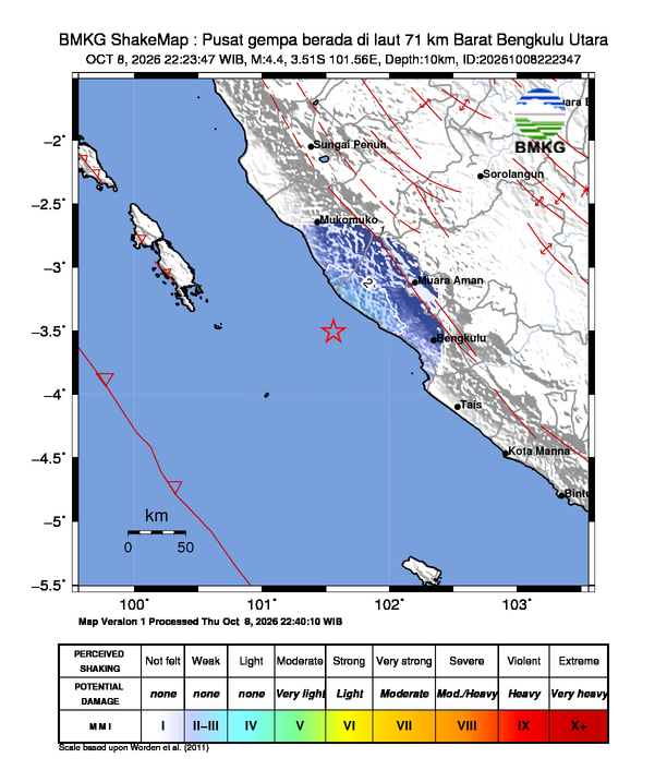 Gempa Magnitudo 4.4, 71km dari Barat Bengkulu Utara, Bengkulu