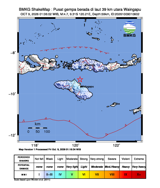Gempa Magnitudo 4.7, 39km dari Utara Waingapu, Nusa Tenggara Timur