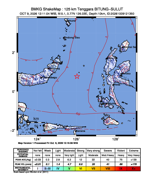 Peta gempa 125 km Tenggara Bitung, Sulawesi Utara