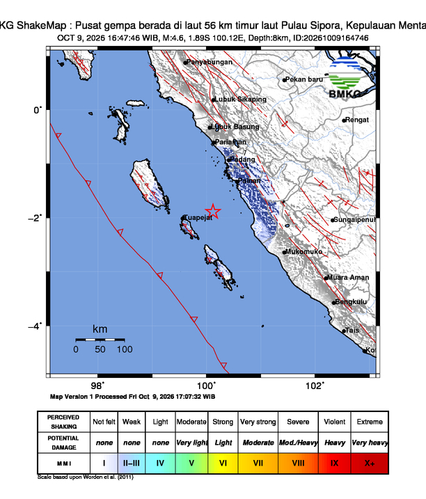 Gempa Magnitudo 4.6, 56km dari Timur laut Pulau Sipora, Kepulauan Mentawai