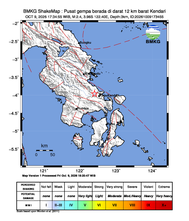 Gempa Magnitudo 2.4, 12km dari Barat Kendari, Sulawesi Tenggara