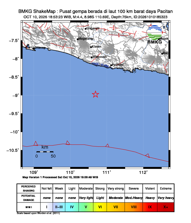 Gempa Magnitudo 4.4, 100km dari barat Daya Pacitan, Jawa Timur