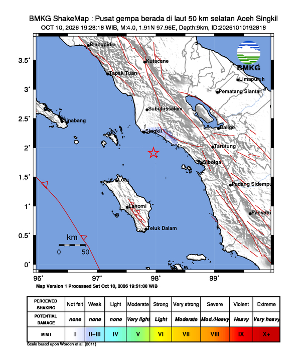 Gempa Magnitudo 4.0, 50km dari selatan Aceh Singkil