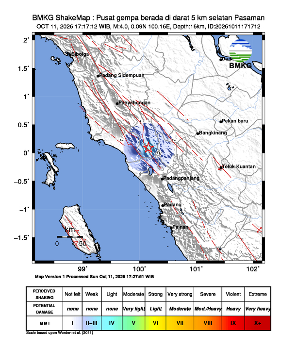 Gempa Magnitudo 4.0, 5km dari selatan Pasaman