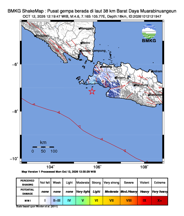Gempa Magnitudo 4.6, 38km dari Barat Daya Muarabinuangeun