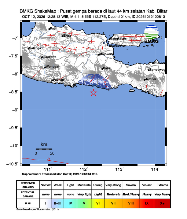 Gempa Magnitudo 4.1, 44km dari selatan Kab. Blitar