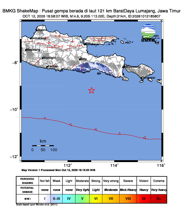 Gempa Magnitudo 4.6, 121km dari BaratDaya Lumajang, Jawa Timur