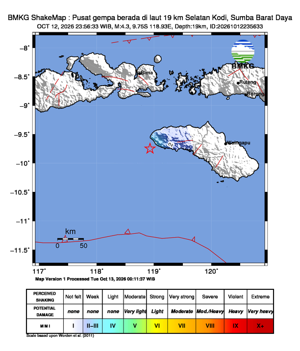 Gempa Magnitudo 4.3, 19km dari Selatan Kodi, Sumba Barat Daya