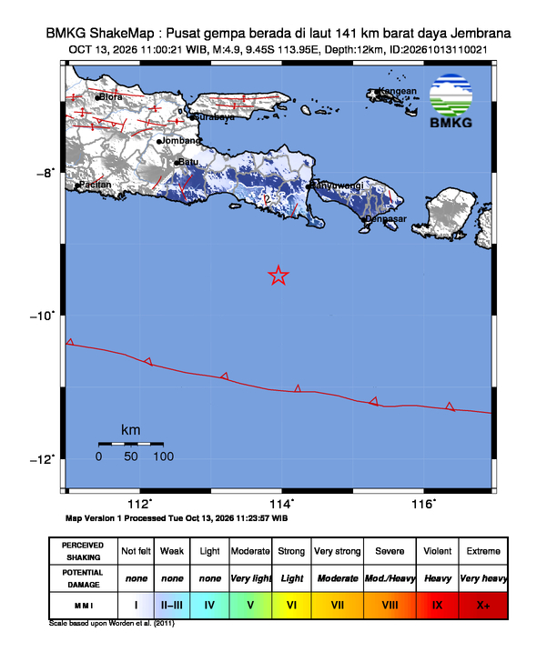 Gempa Magnitudo 4.9, 141km dari barat daya Jembrana