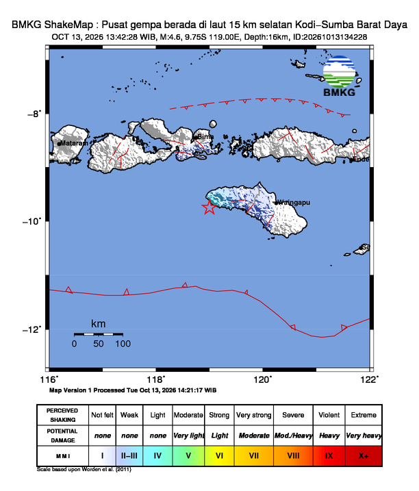 Gempa Magnitudo 4.6, 15km dari selatan Kodi-Sumba Barat Daya