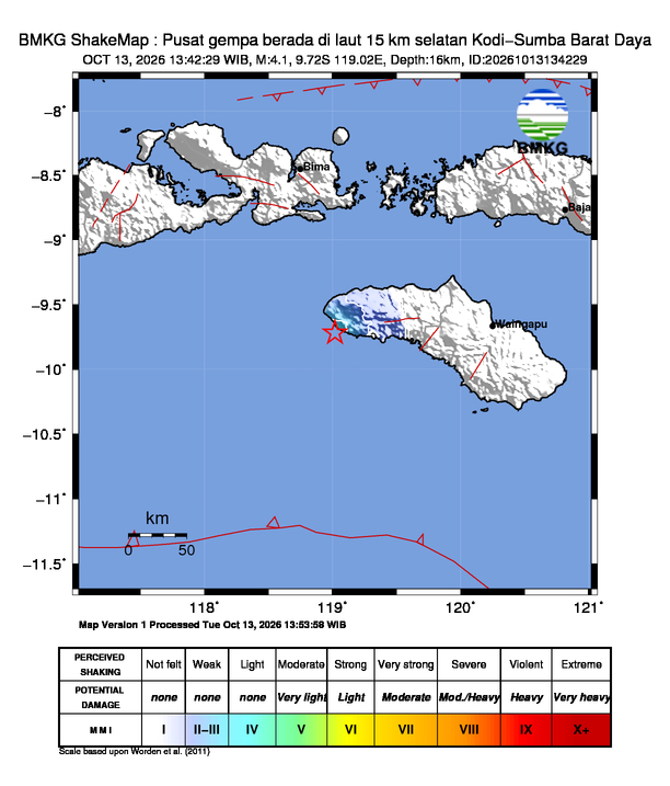 Gempa Magnitudo 4.1, 15km dari selatan Kodi-Sumba Barat Daya