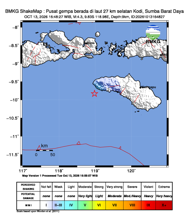 Gempa Magnitudo 4.3, 27km dari selatan Kodi, Sumba Barat Daya