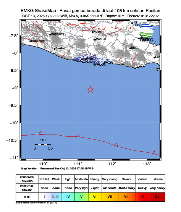 Gempa Magnitudo 4.5, 103km dari selatan Pacitan
