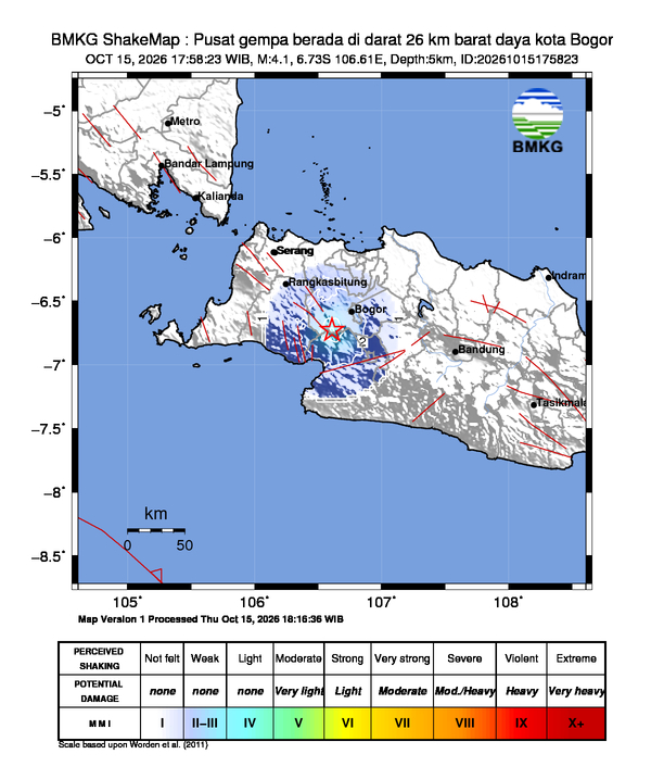 Gempa Magnitudo 4.1, 26km dari barat daya kota Bogor