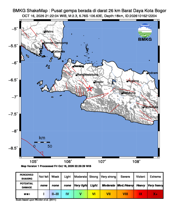 Gempa Magnitudo 2.3, 26km dari Barat Daya Kota Bogor