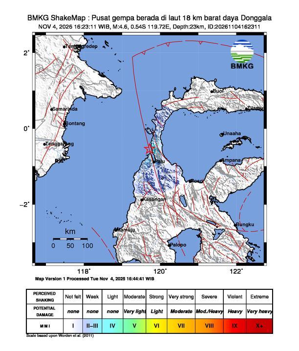 Gempa Magnitudo 4.6, 18km dari Barat Daya Donggala